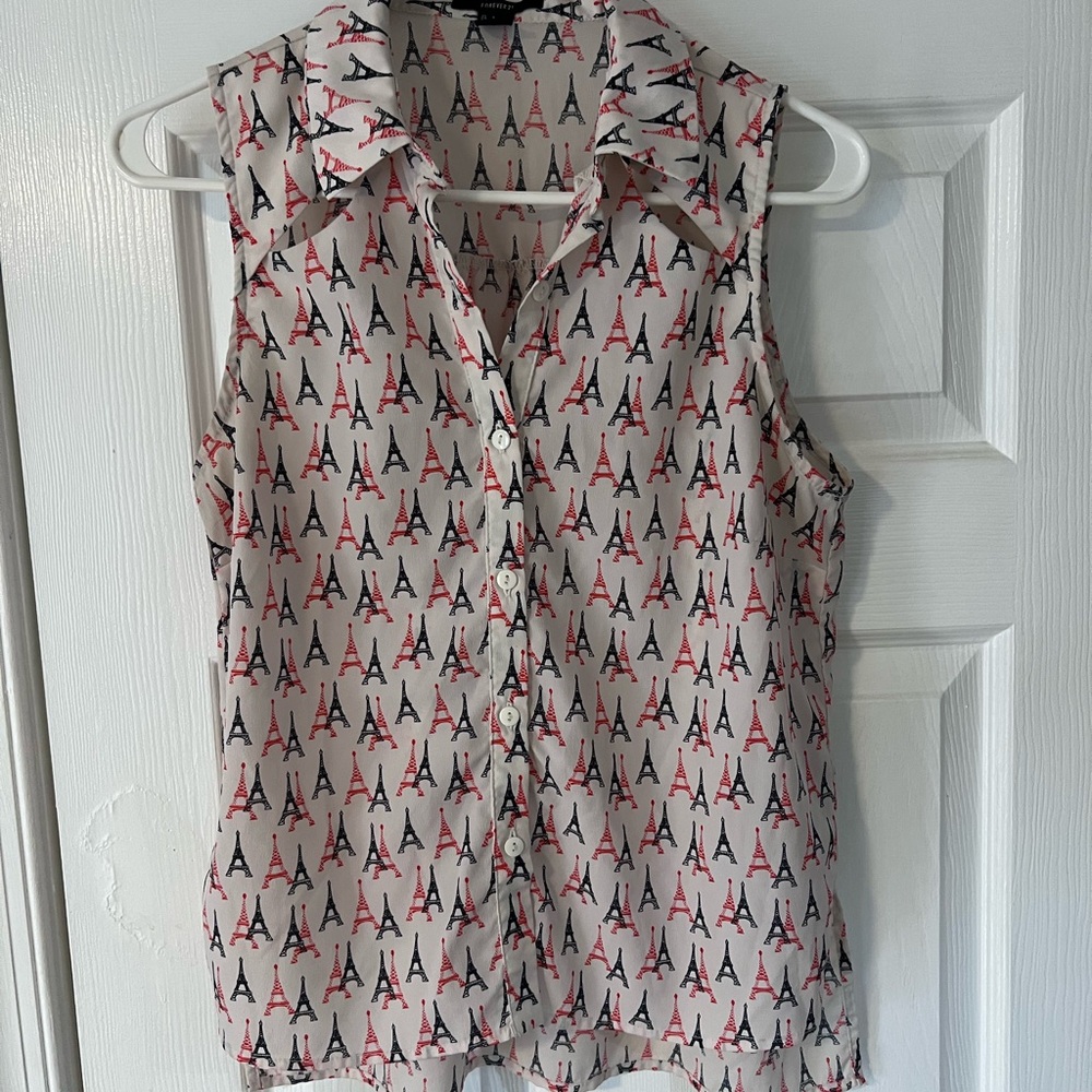 Forever 21 Eiffel Tower Print Button Down Shirt - Red and Black